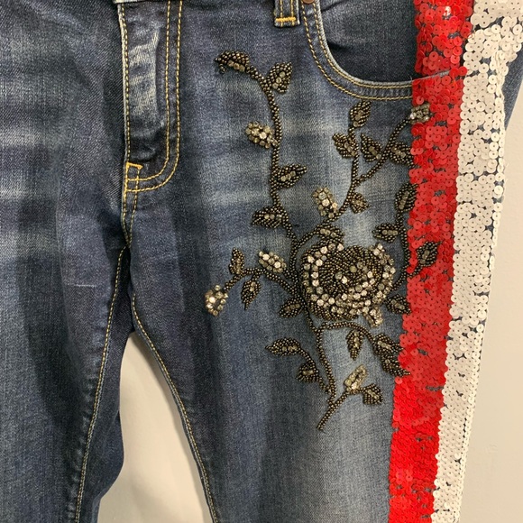 Italian Vibrant Red and White Skinny Beaded Jeans Sequence Side Accents - Picture 14 of 16